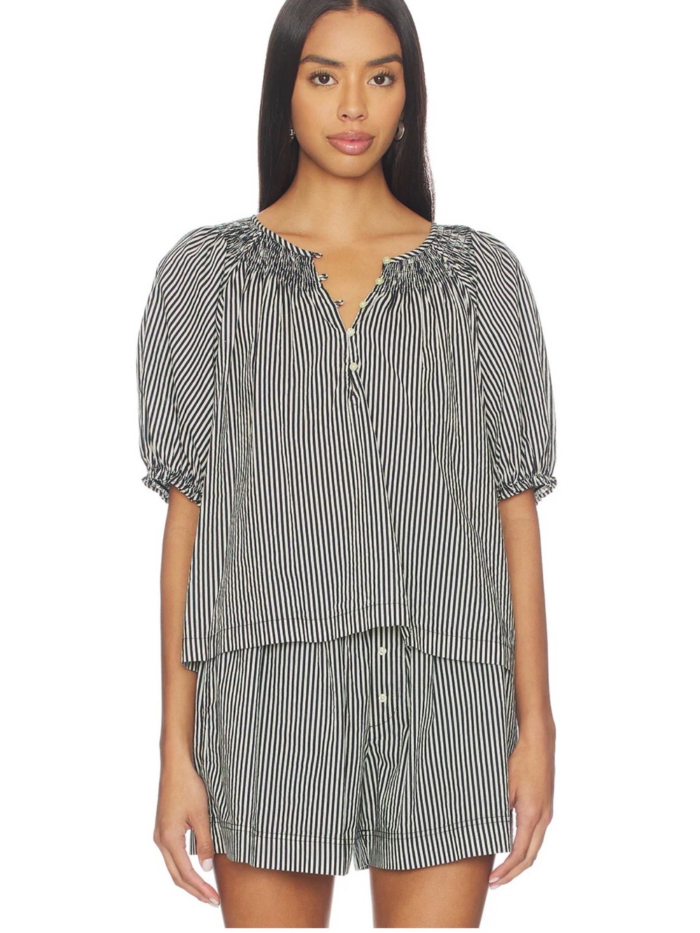 Gingham Shirred Puff-Sleeve Sleep Top from The Great - Black & White - Picture 2 of 5